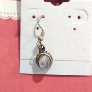 925 Sterling Silver Single Dangle Drop Earrings Oval Moonstone Art Nouveau Vtg